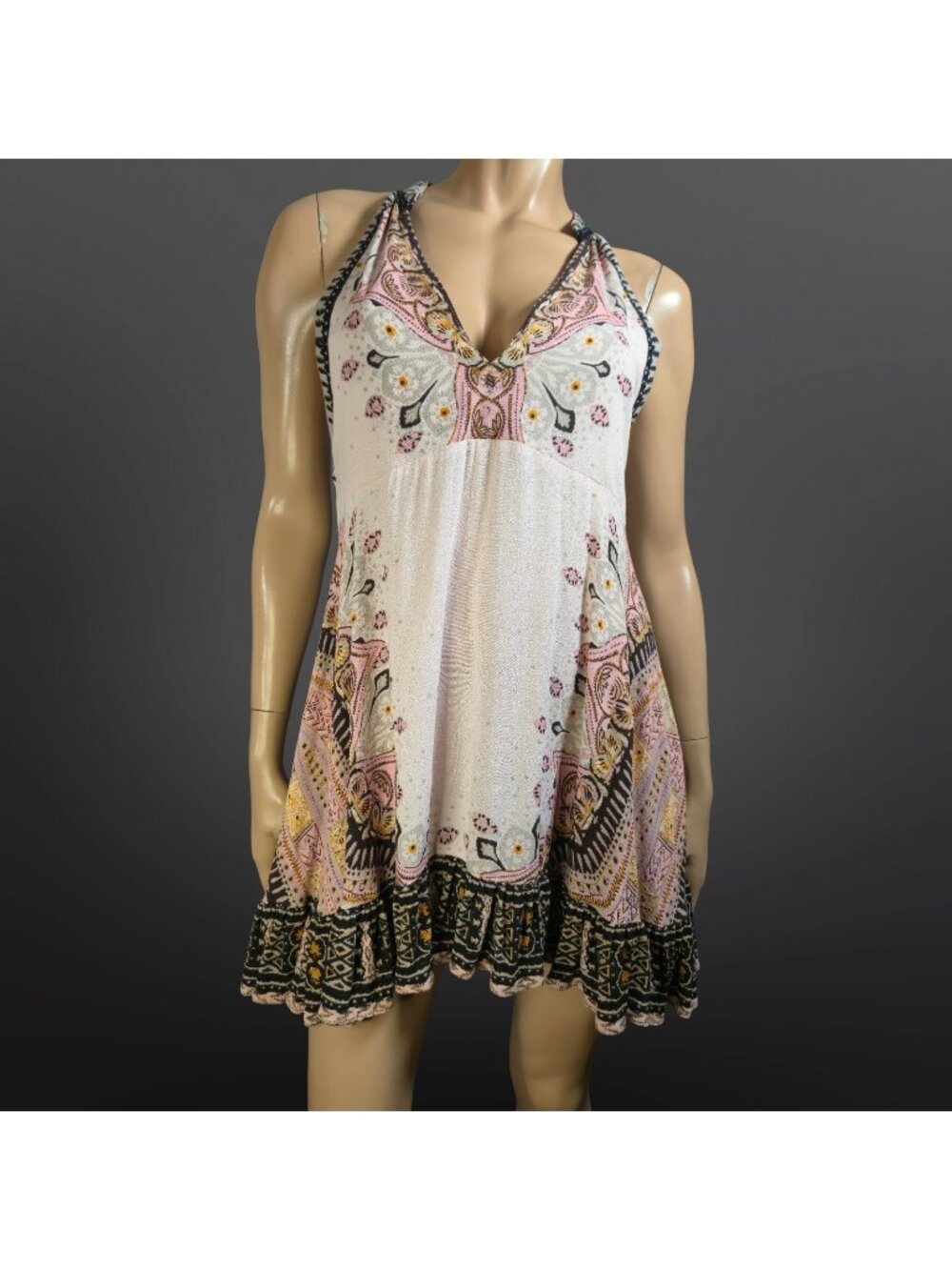Free People Boho Festival Mini Dress Size S Sleeveless Pink Flowy V Neck Ruffle